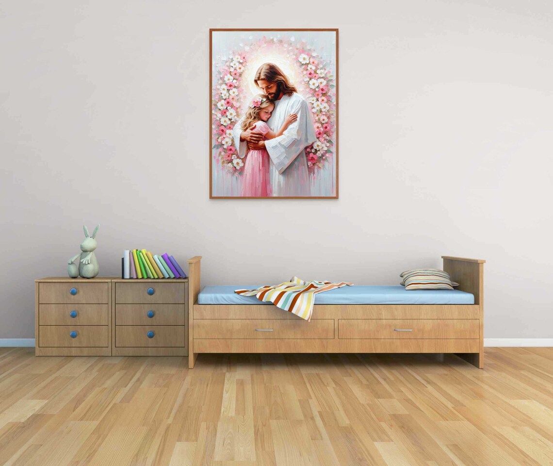 Jesus Hugging Girl Floral Heart Arch Pink White Flowers Christian Poster - Image 2