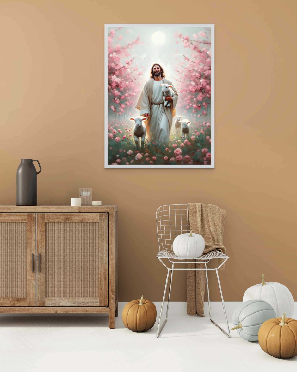 Jesus the Good Shepherd With Lambs in Cherry Blossom Art Poster - Image 2
