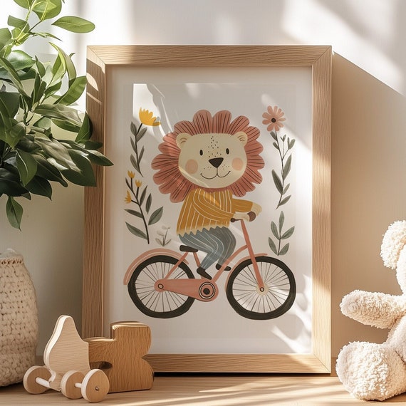 Cute Lion Bike Ride Nursery Art Whimsical Animal Wall Decor Boys Playroom Kids Print Eclectic