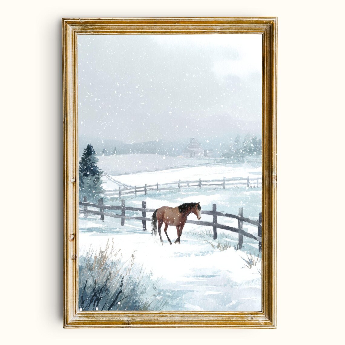 Rustic Winter Horse Snowy Farmhouse Landscape Watercolor Poster