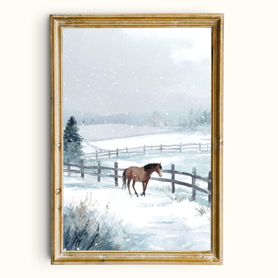Rustic Winter Horse Painting Snowy Farmhouse Landscape Printable Wall Art Digital Download