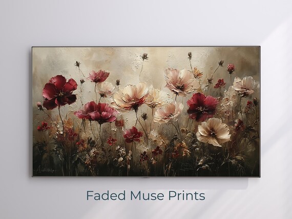 Impasto Wildflowers Burgundy Cream Textured Floral Oil Painting Poster