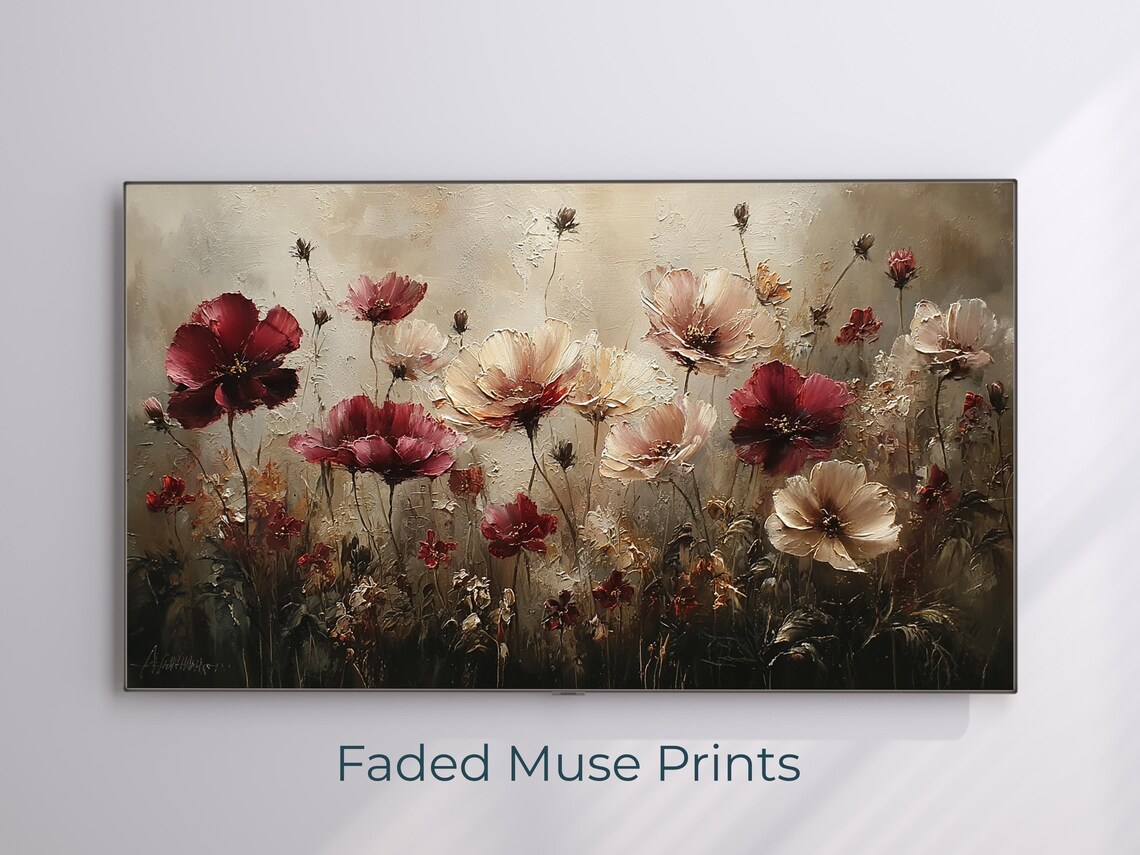 Impasto Wildflowers Burgundy Cream Textured Floral Oil Painting Poster