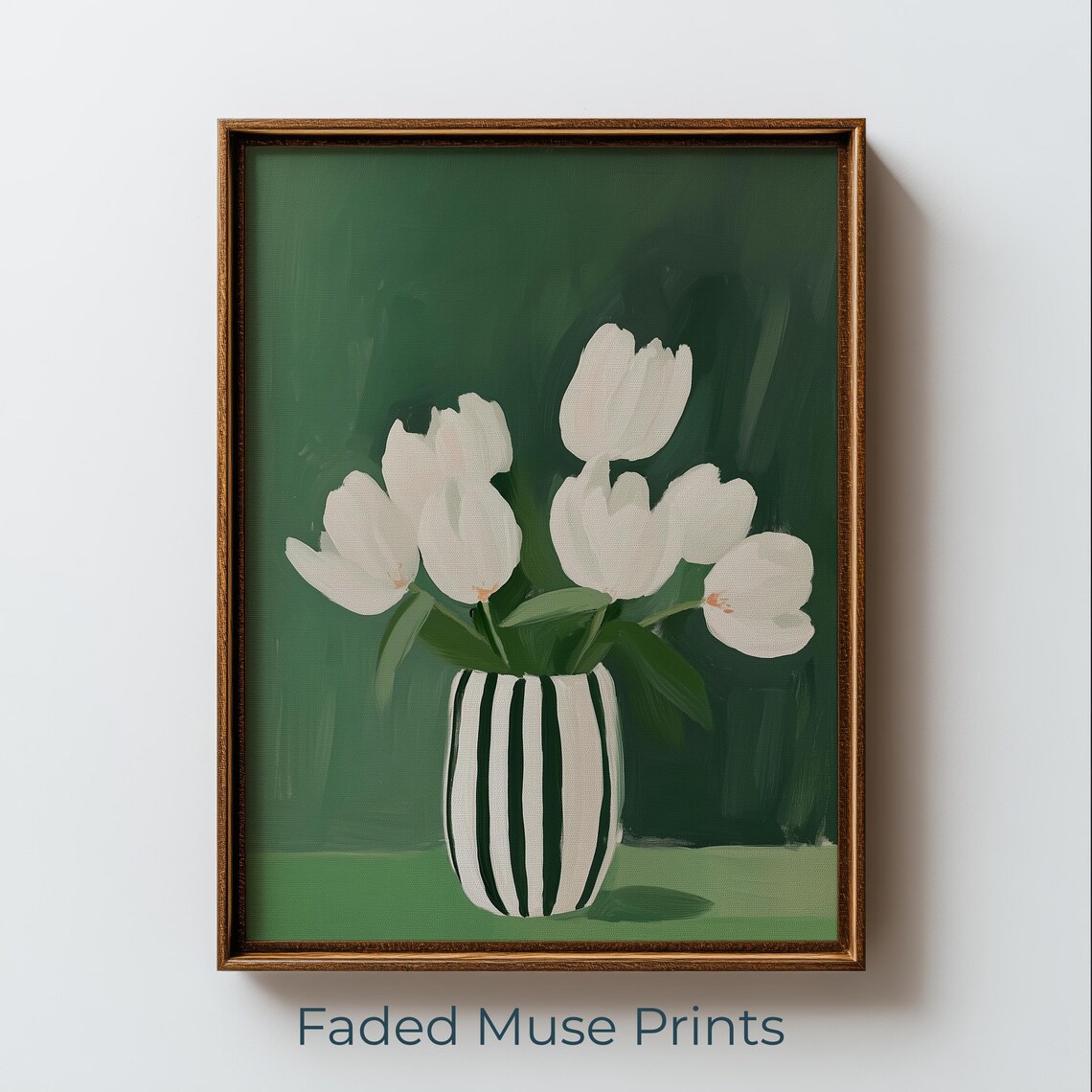 White Tulips In Striped Vase, Botanical Art Print