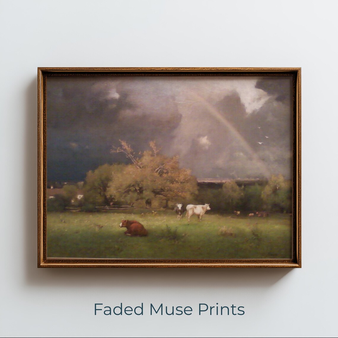 Pastoral Cows in Meadow Painting Print Stormy Sky Rainbow Farm Art