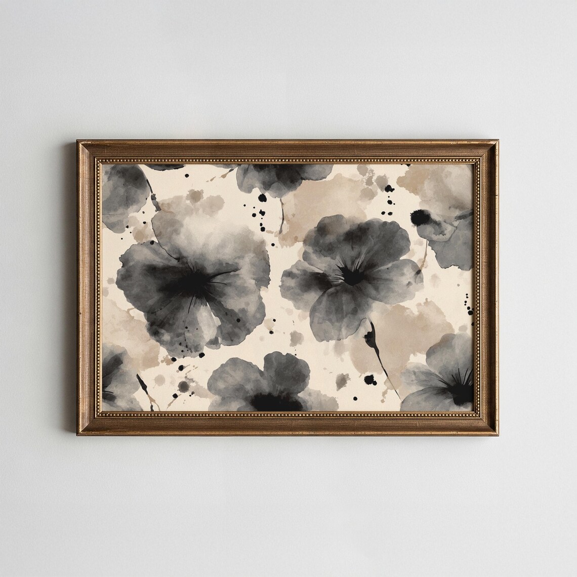 Moody Black Ink Floral Art Print, Monochrome
