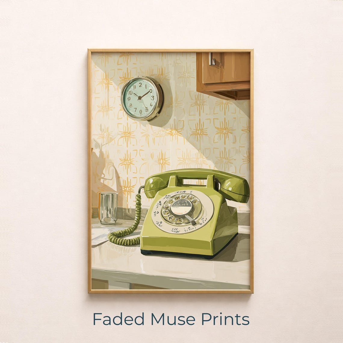 Avocado Green Rotary Phone Midcentury Kitchen Retro Art Poster