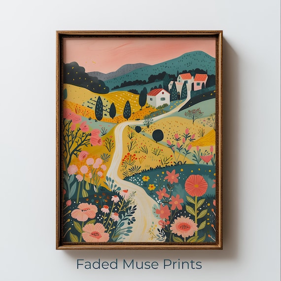 Countryside Village Folk Art Poster Red Roof Cottages Hillside Flowers