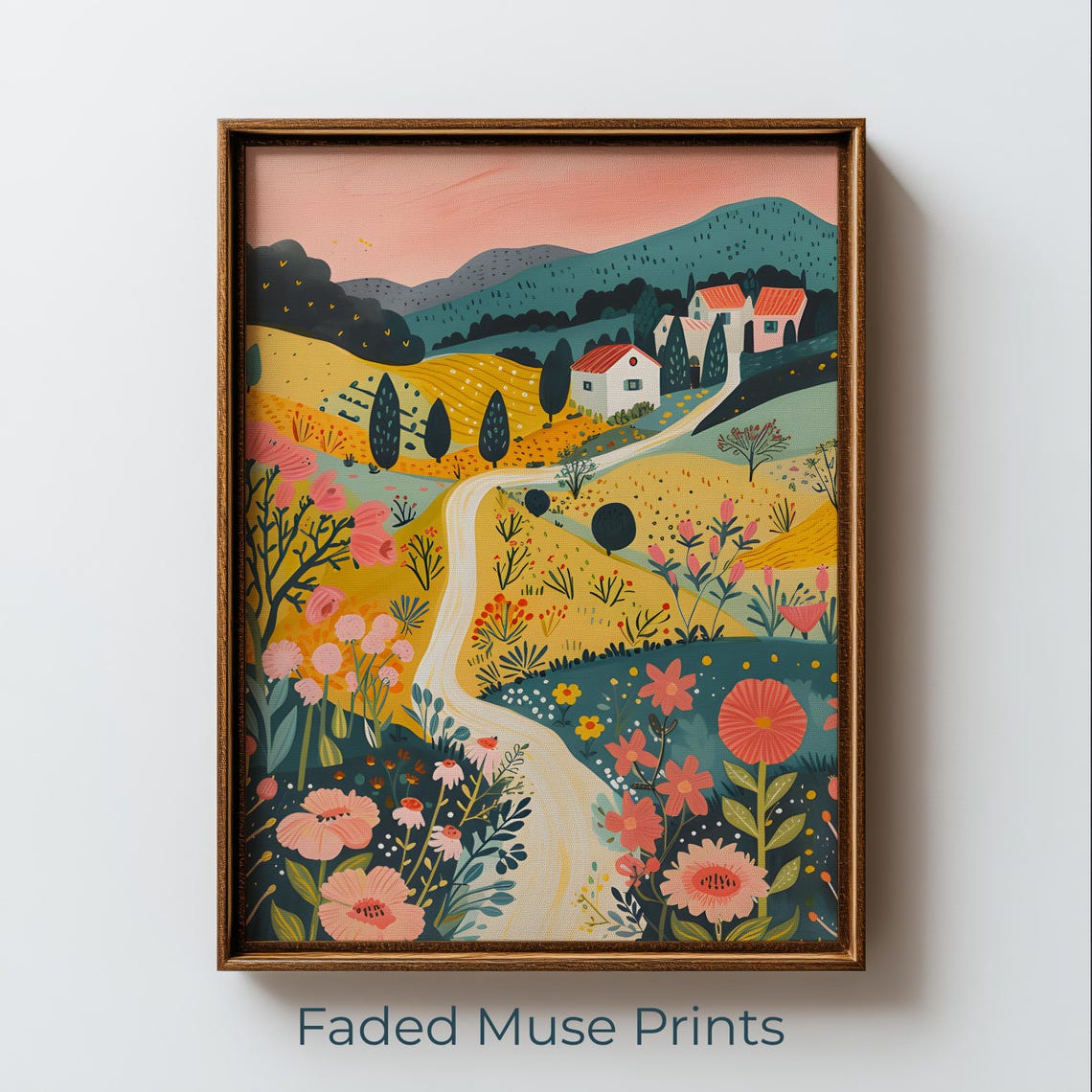 Countryside Village Folk Art Poster Red Roof Cottages Hillside Flowers