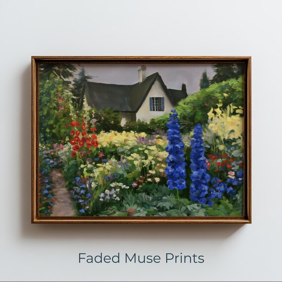 Charming White Cottage Colorful Garden Flowers Printable Wall Art Digital Download 2624