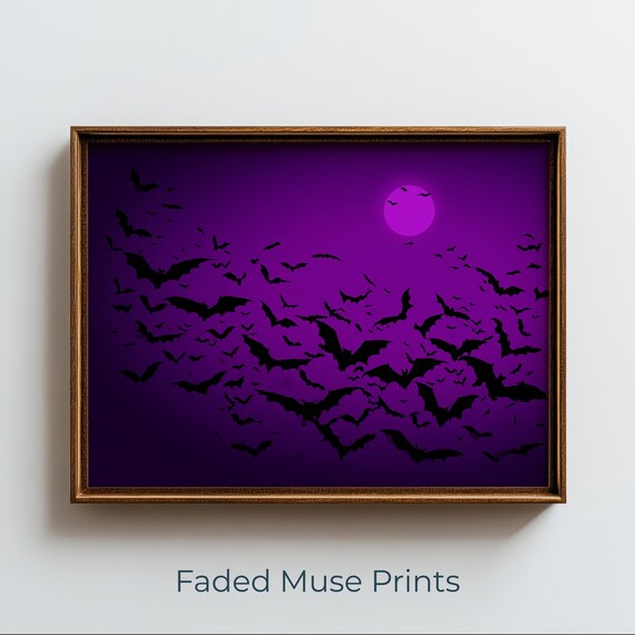 Bat Silhouettes Flying Purple Moon Halloween Printable Wall Art Digital Download 3116