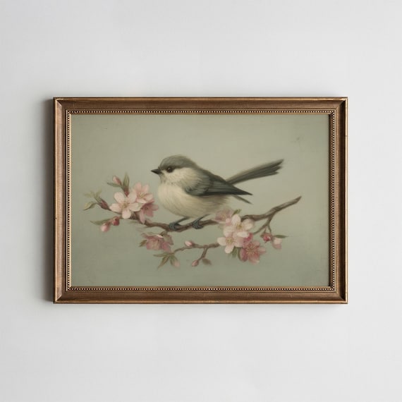 Vintage Songbird on Cherry Blossom Branch Soft Pastel Art Poster