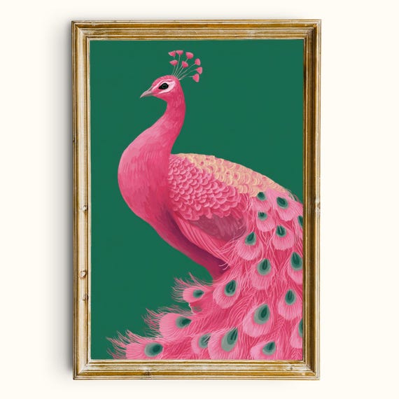 Pink Peacock Art Print Maximalist Botanical Decor Digital Download