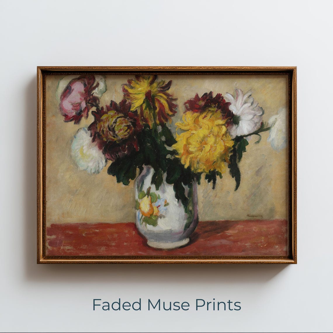 Classic Chrysanthemum Still Life Print Vintage Ceramic Vase Blooms