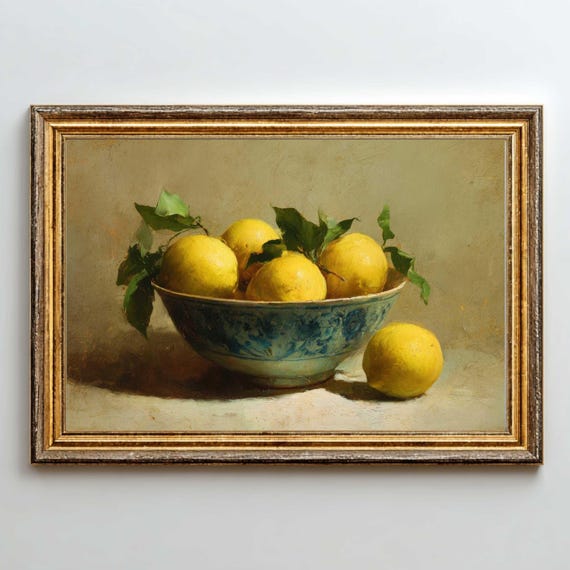 Vintage Lemon Still Life Print Farmhouse Kitchen Wall Art Digital Download