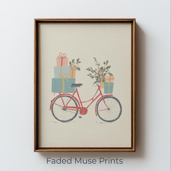 Red Bicycle Carrying Christmas Gifts Vintage Holiday Decor Poster