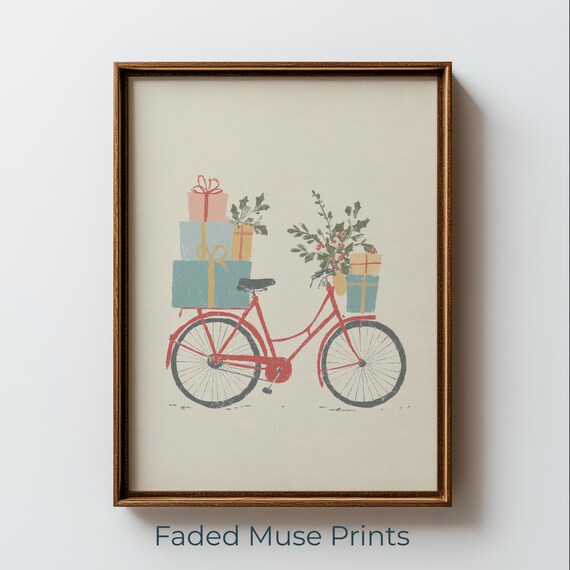 Retro Christmas Bicycle Print Vintage Holiday Gifts Printable Wall Art Digital Download 3038