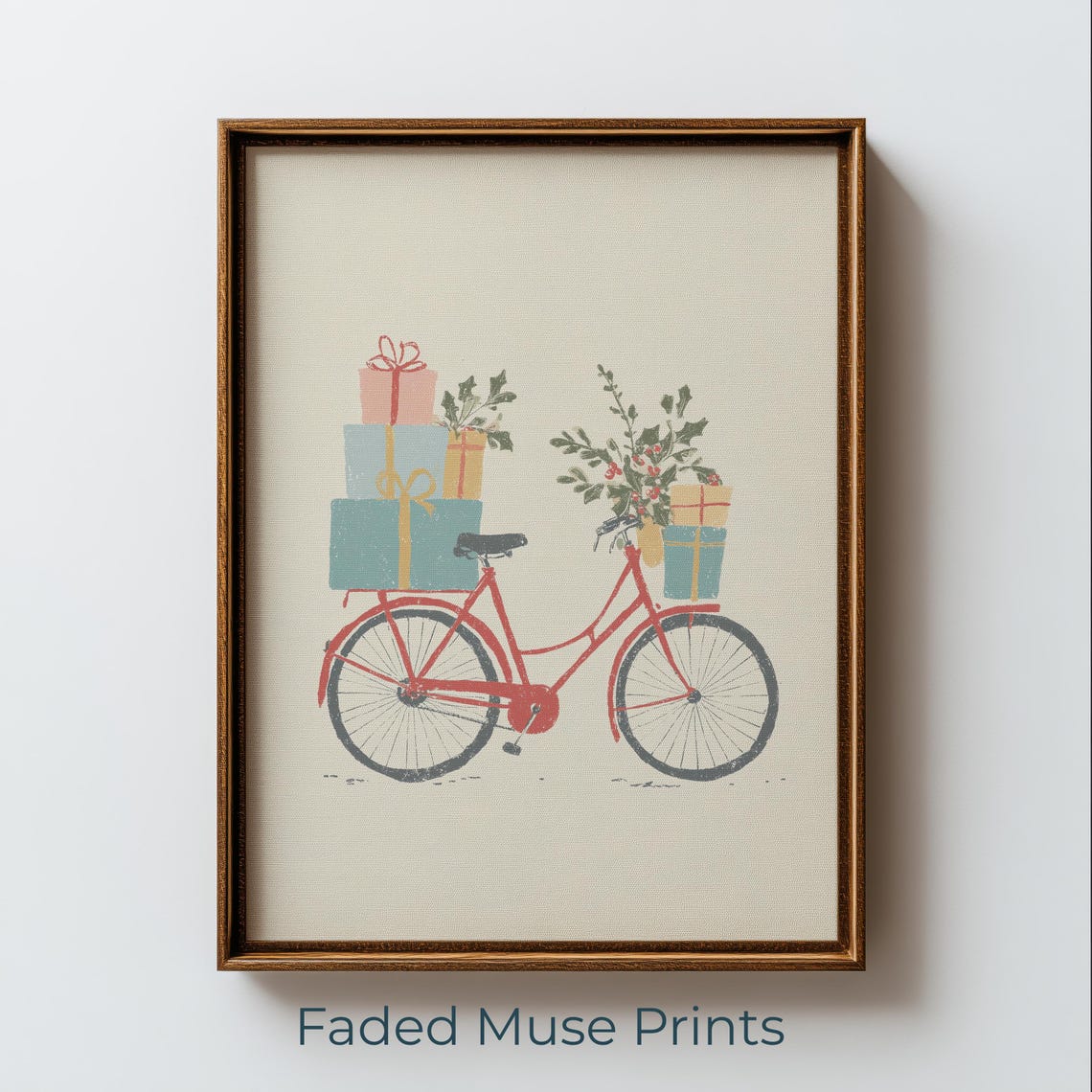 Red Bicycle Carrying Christmas Gifts Vintage Holiday Decor Poster