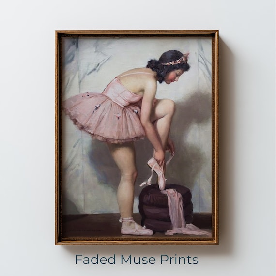 Ballerina Tying Pointe Shoe Vintage Classical Dance Oil Art Poster