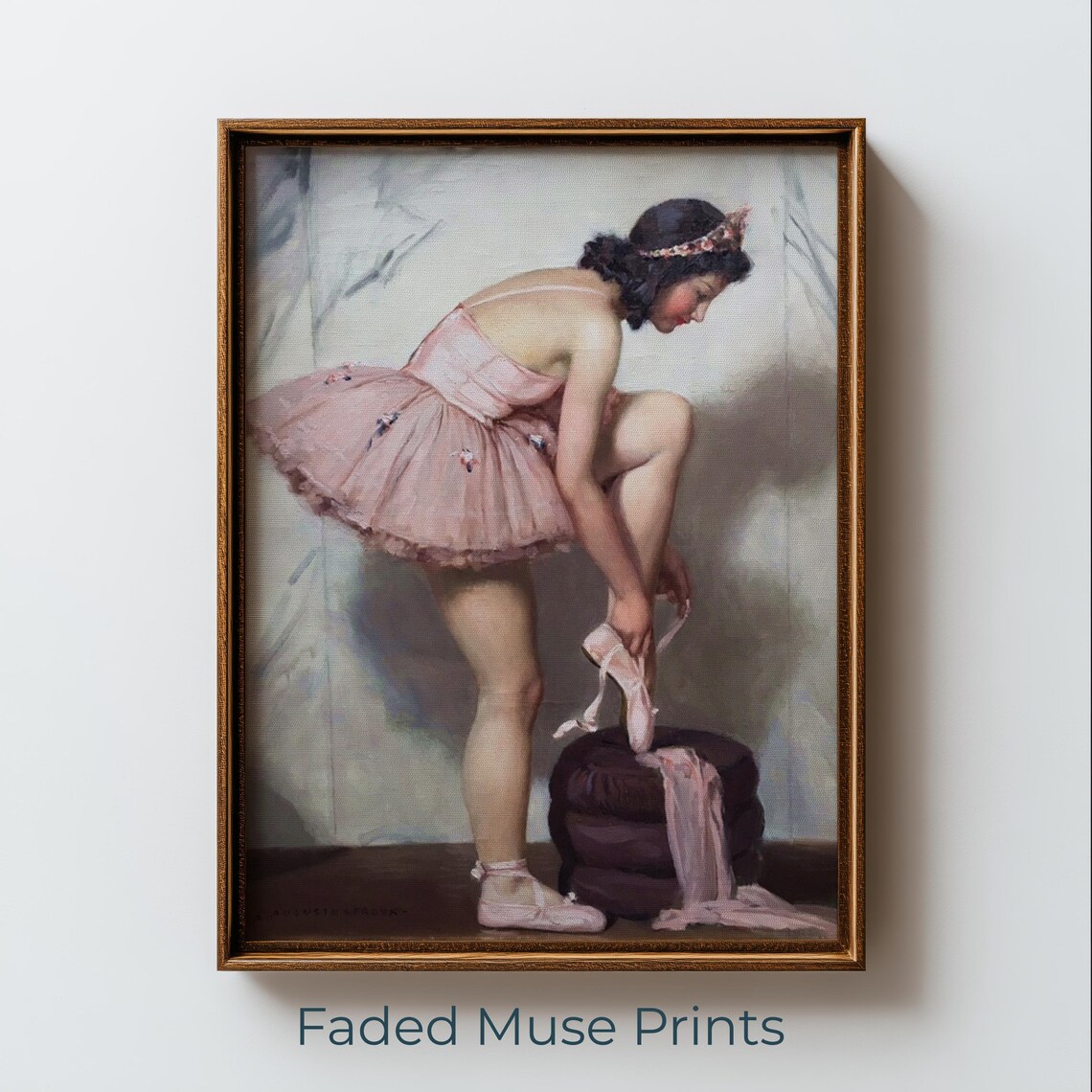 Ballerina Tying Pointe Shoe Vintage Classical Dance Oil Art Poster