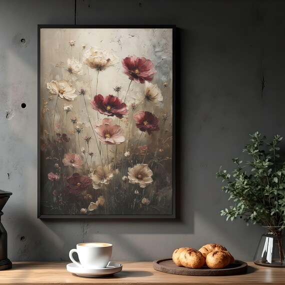 Moody Wildflower Oil Painting Vintage Botanical Textured Print
