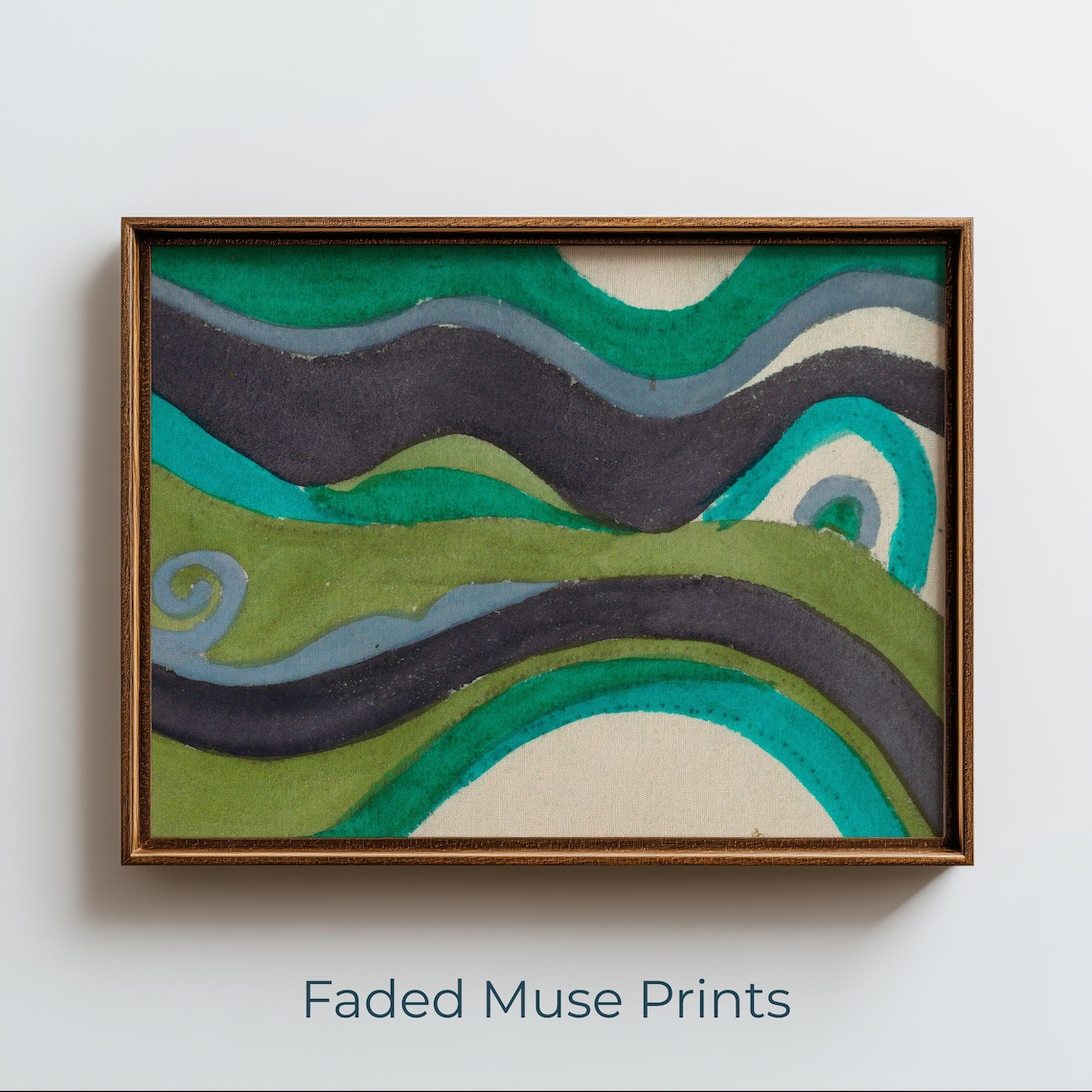 Midcentury Abstract Green Navy Wave Bands Retro Minimal Landscape Art Print