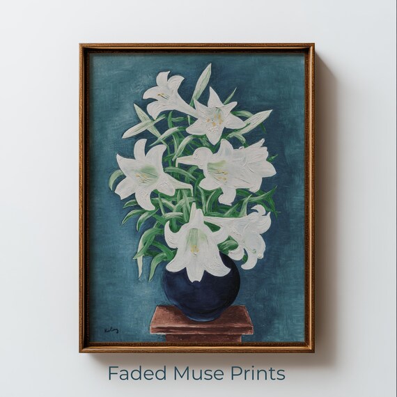 White Trumpet Lilies Still Life Moody Cottagecore Floral Poster