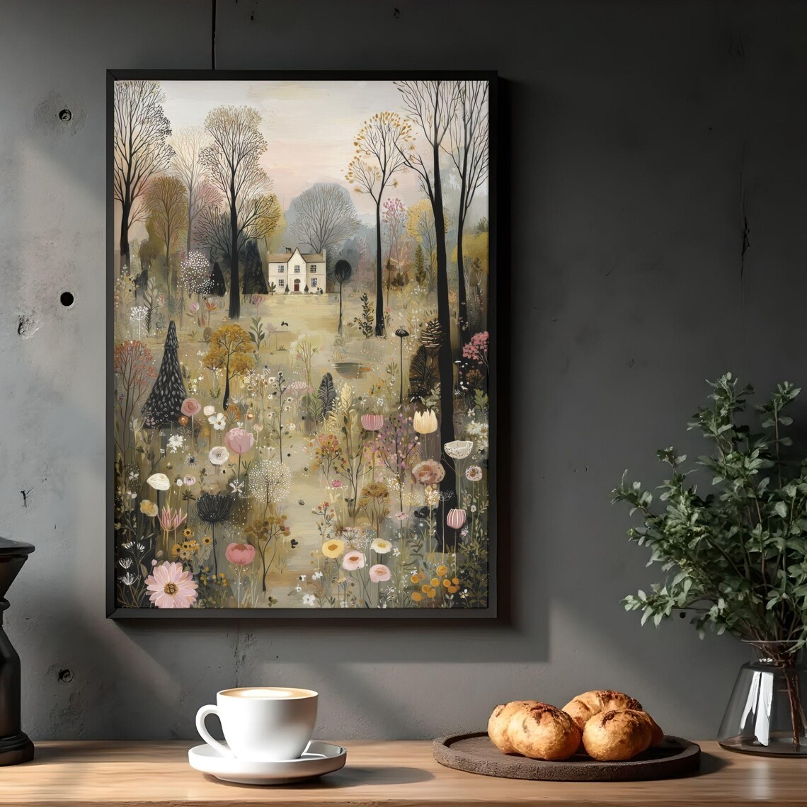Cottage Garden Landscape, Whimsical Wildflower Meadow Art Print