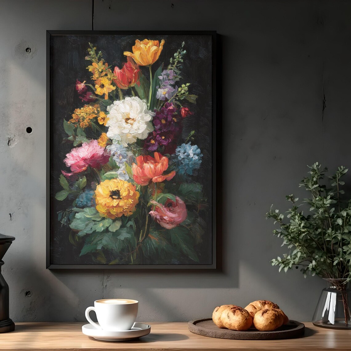 Moody Dark Floral Vintage Botanical Bouquet Art Print