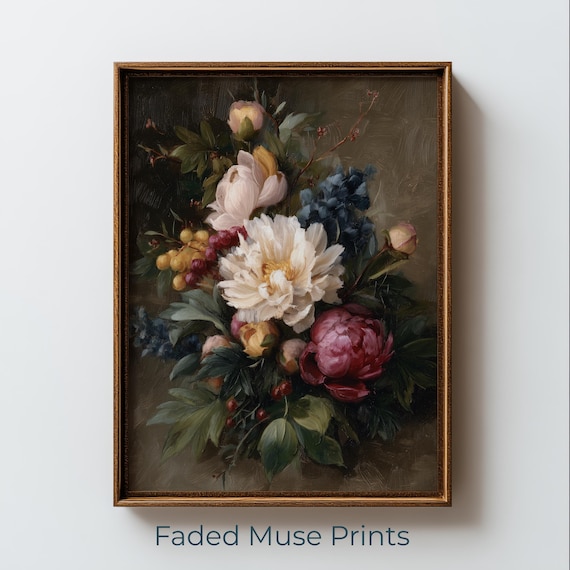Vintage Peony Bouquet Printable Wall Art Moody Dark Floral Painting Digital Download 1263