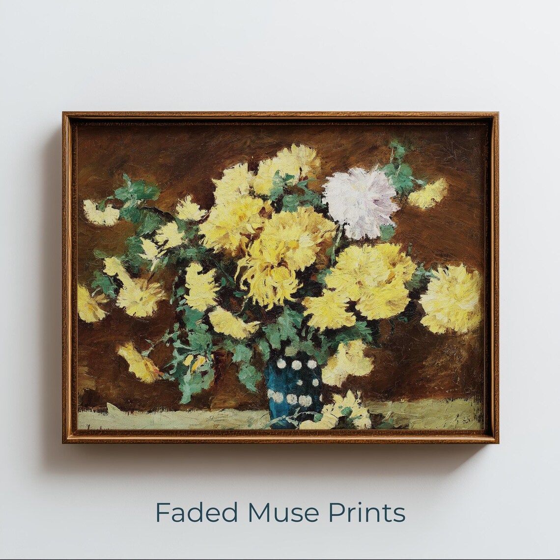 Yellow Chrysanthemums Still Life In Blue Vase Vintage Floral Oil Art Poster