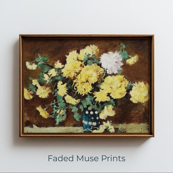 Yellow Chrysanthemums Still Life In Blue Vase Vintage Floral Oil Art Poster
