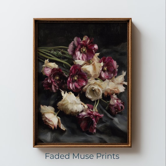 Moody Dark Floral Oil Painting Poster Burgundy Anemones Cream Roses