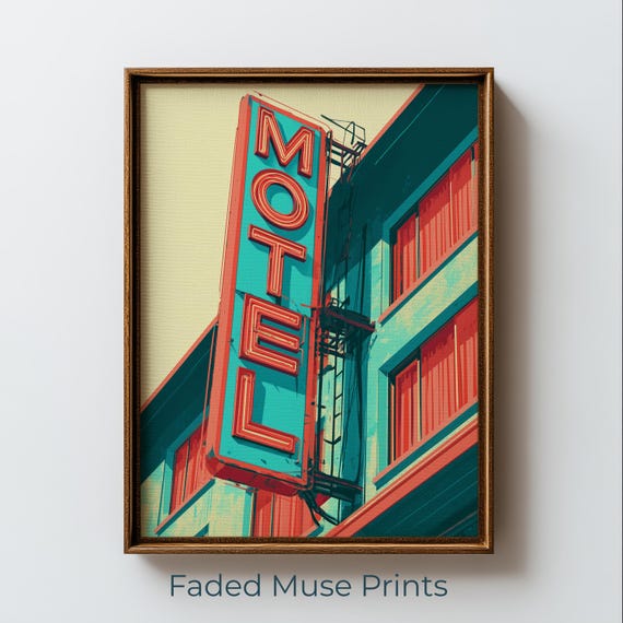 Vintage Motel Neon Sign Print Retro Turquoise Coral Travel Wall Art Mid Century Americana Digital Download 3178