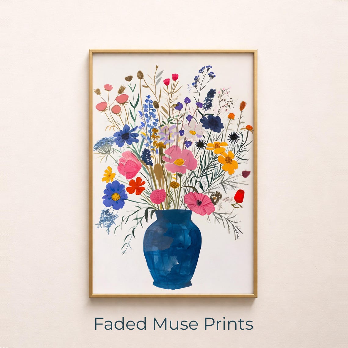 Colorful Wildflower Bouquet Cobalt Blue Vase Bright Botanical Poster