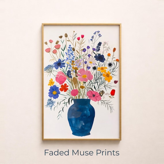 Colorful Wildflower Bouquet Cobalt Blue Vase Bright Botanical Poster