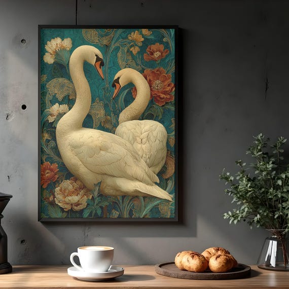 Swan Botanical Print Art Nouveau Style Grandmillennial Decor Printable Download