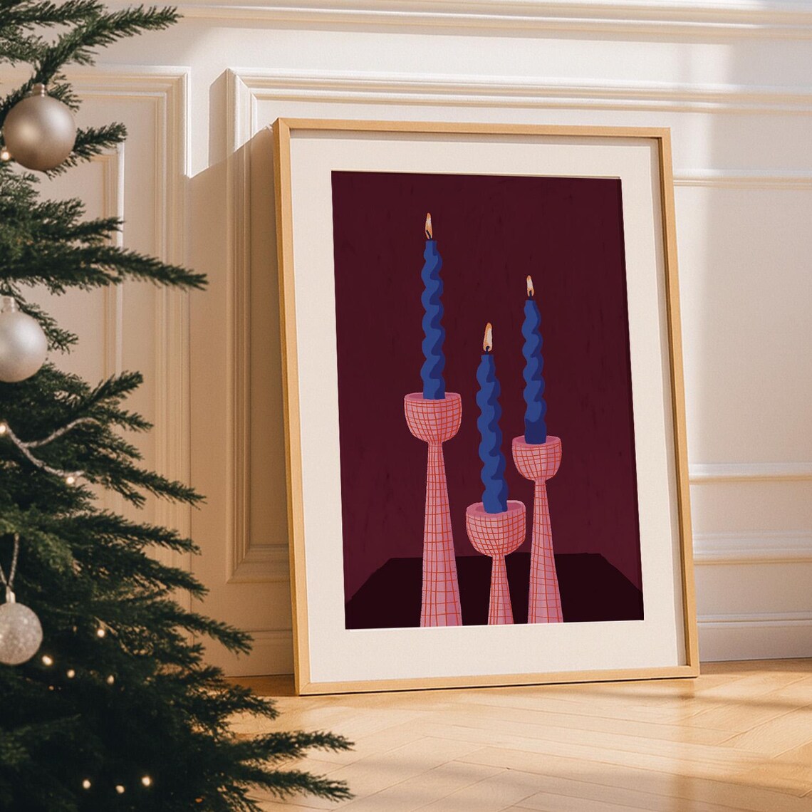 Burgundy Christmas Candle Blue Twisted Candles Holiday Wall Poster