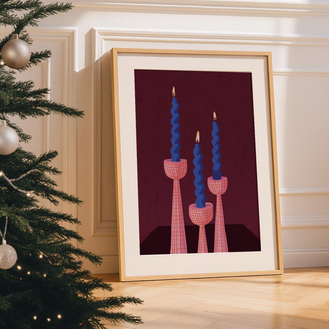 Christmas Wall Art Burgundy Candle Poster Twisted Blue Candles Modern Holiday Decor Mid Century Print