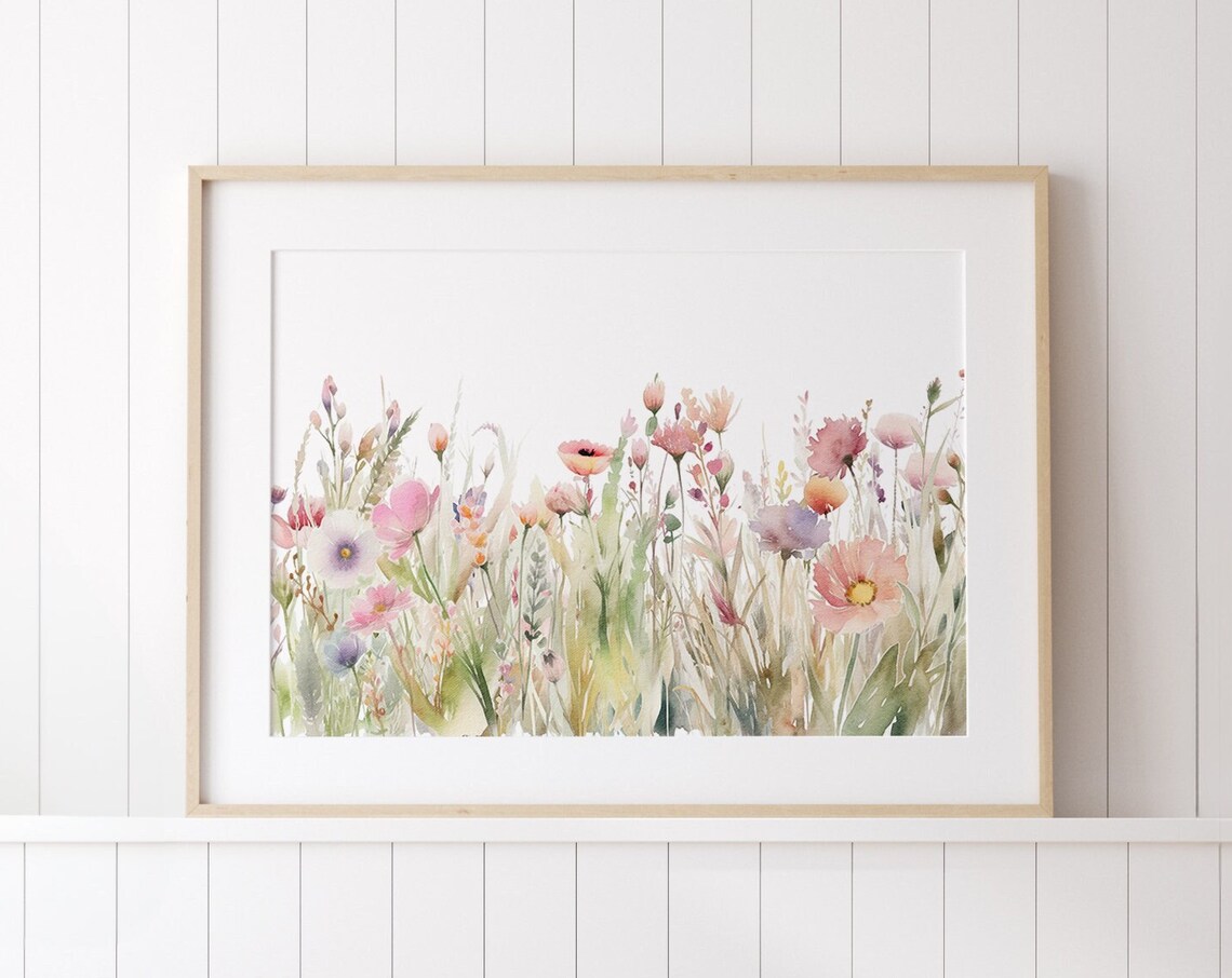 Watercolor Wildflower Meadow Pink Poppies Spring Botanical Wall Print