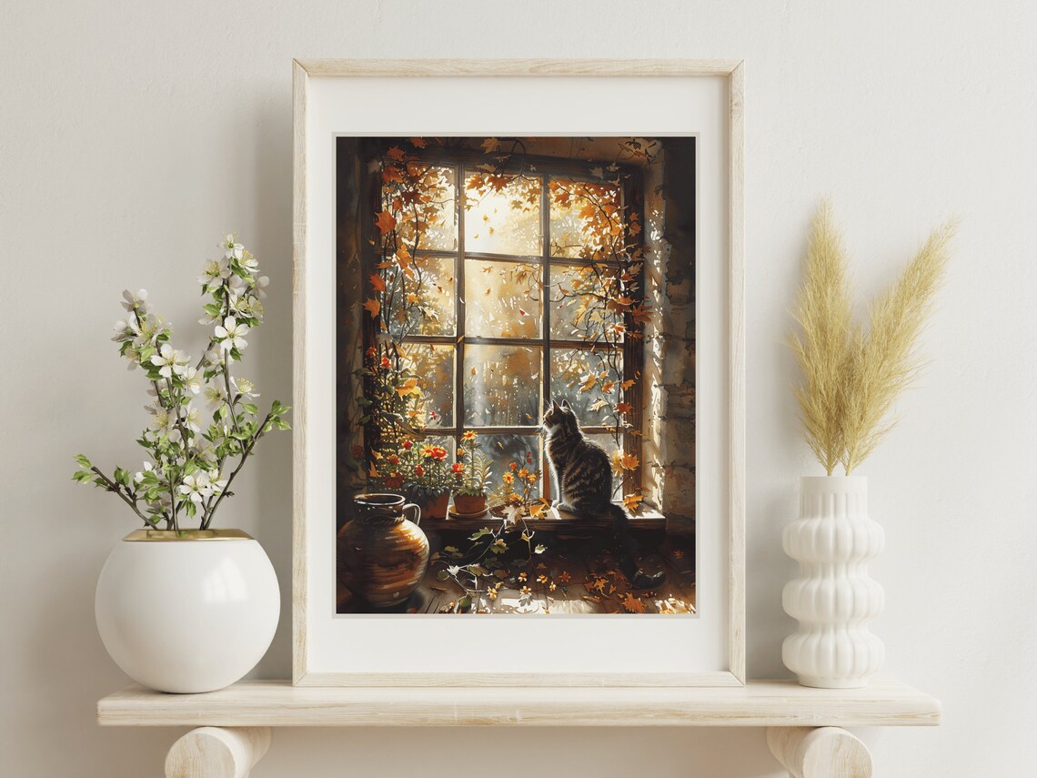Tabby Cat Windowsill Autumn Window Sunlit Leaves Cozy Animal Painting Print - Image 2