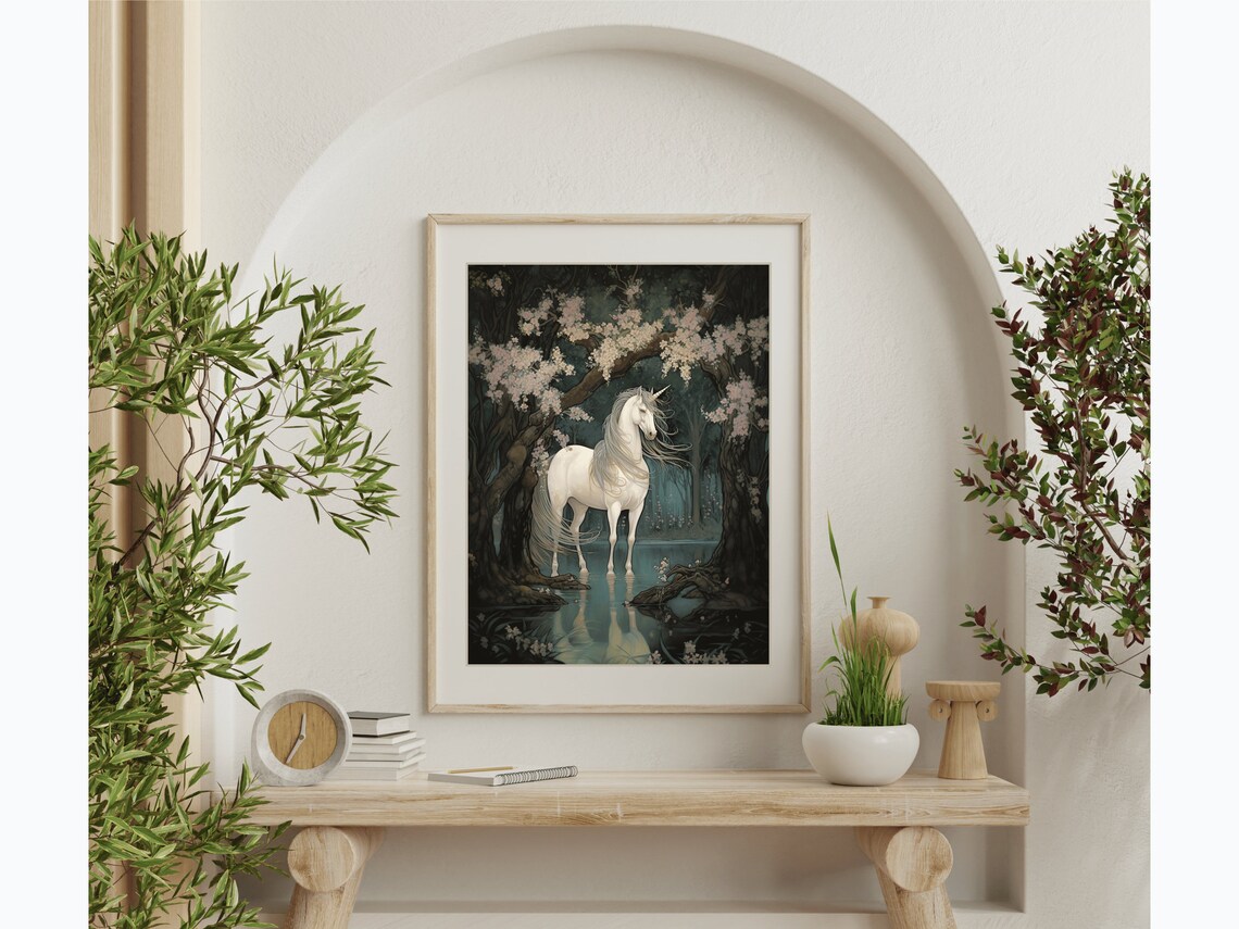 White Unicorn Moonlit Forest Pond Blossom Trees Fantasy Painting Poster - Image 4