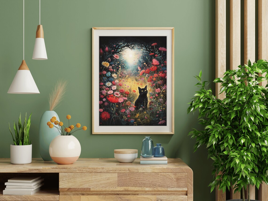 Black Cat Moonlit Wildflower Meadow Night Glow Magical Cat Painting Poster - Image 4