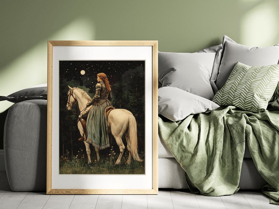 Lady Knight On White Horse Under Starry Moonlit Forest Sky Poster - Image 3