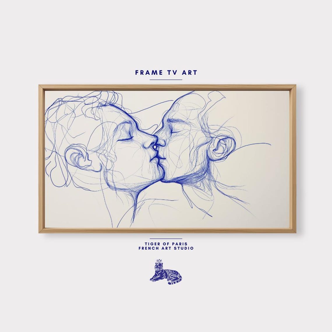 Blue Ink One Line Couple Kissing Profile Minimalist Romantic Art Print