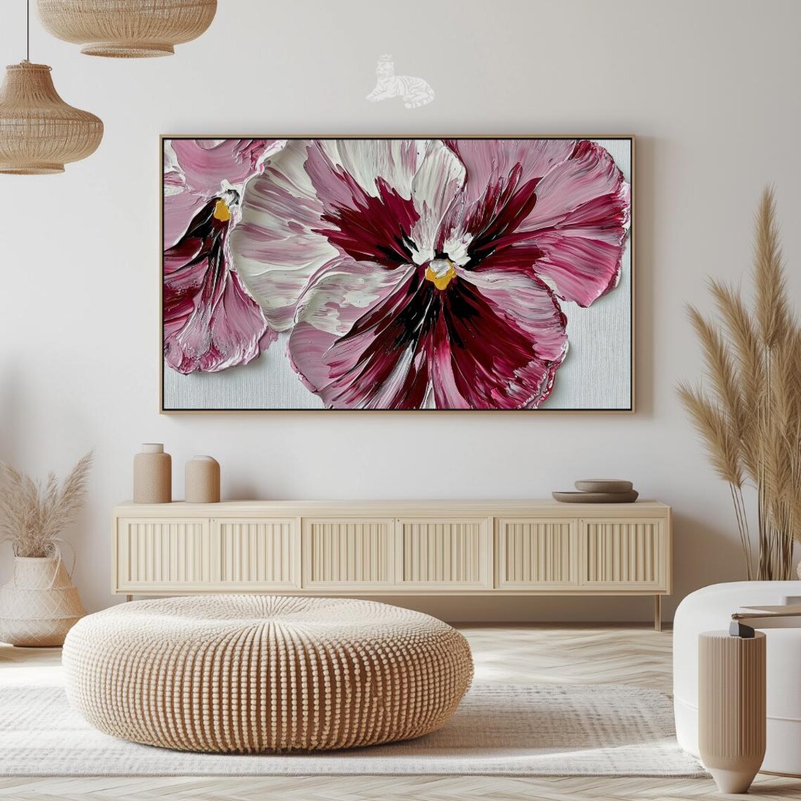 Pink Burgundy Pansy Impasto Oil Painting Palette Knife Floral Wall Art - Image 2