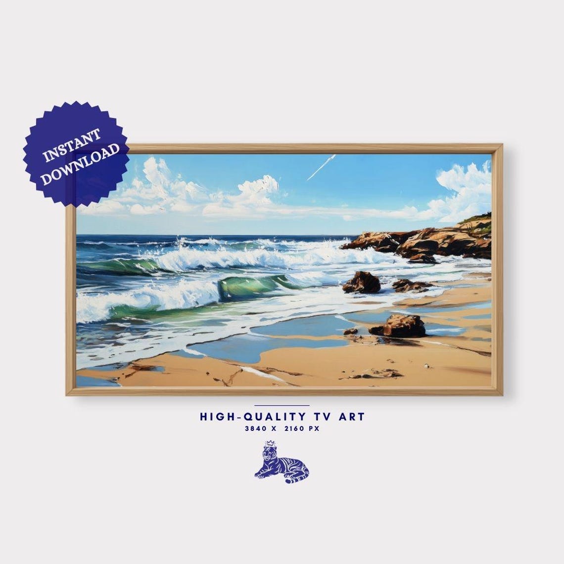Rocky Shoreline Crashing Waves Sandy Beach Ocean View Seascape Print - Image 3