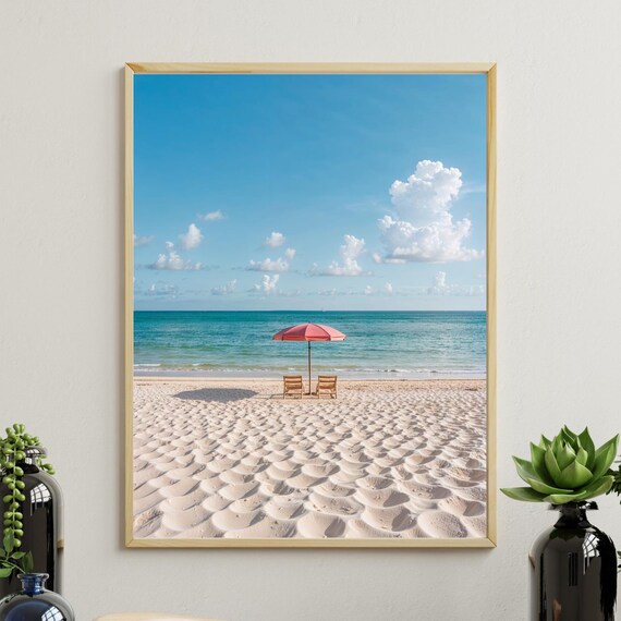 Tropical Beach Red Umbrella Empty Chairs Turquoise Sea Serene Wall Poster