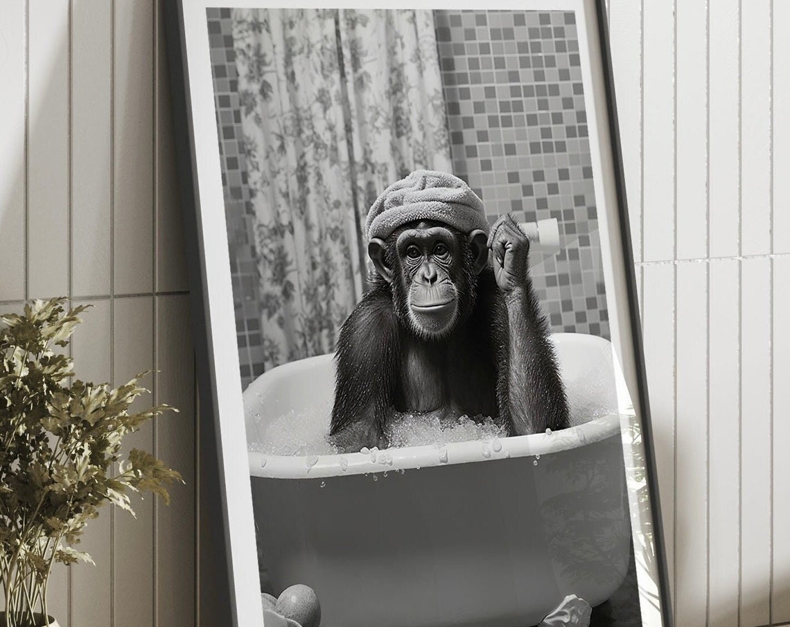 Monkey in the Tub Funny Bathroom Art Print