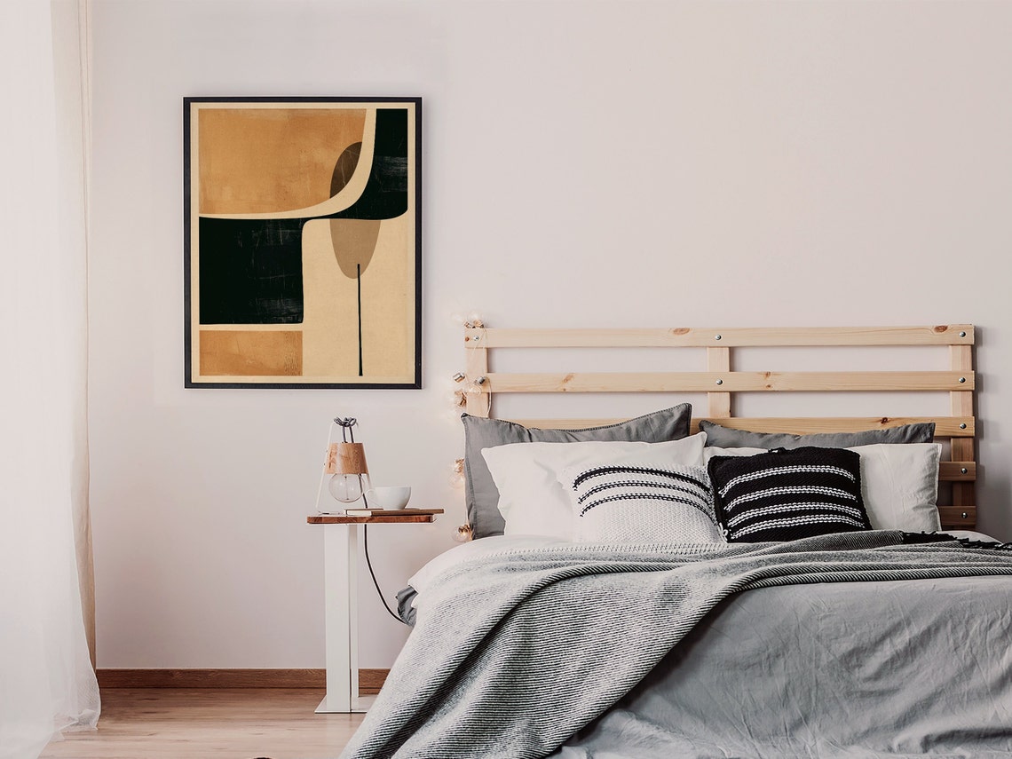 Minimalist Tan and Deep Teal Abstract Mid Century Art Poster - Image 6